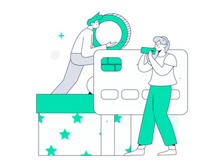 Holiday shopping people doing e-commerce online shopping flat vector concept operation hand drawn illustration
