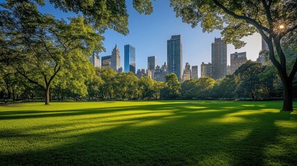Peaceful Urban Park with Sunlit Trees Creating Light and Shadow on Vibrant Green Grass