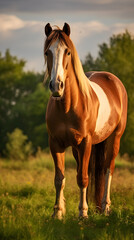 Obraz premium The Majestic Solitude of a Brown Horse Basking in the Golden Afternoon Sunlight Surrounded by Nature’s Serenity