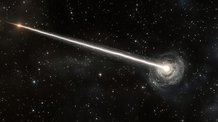 Naklejka premium Bright comet streaks across dark space, approaching a spiral galaxy.