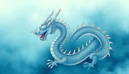 Fototapeta premium Serene Blue Dragon: A Mystical Asian Art Illustration