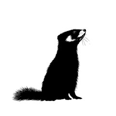 Black and white illustration of a sitting weasel looking up.
