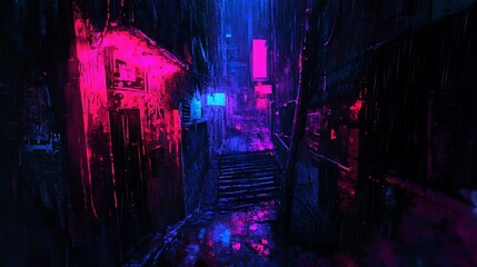 Obraz premium Neon Lit Rainy Alleyway Night Cityscape