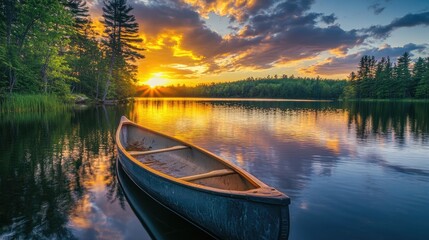 Obraz premium Serene Sunset Over Lake With Canoe in Foreground Surrounded by Lush Trees and Vibrant Sky Showcasing Natural Beauty in Tranquil Wilderness
