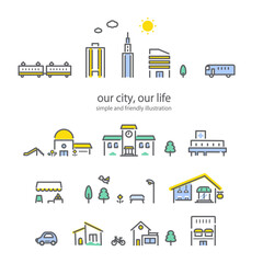 City building set Icon style line drawing illustration set