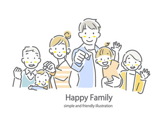 笑顔の三世代家族　シンプルでお洒落な線画イラスト