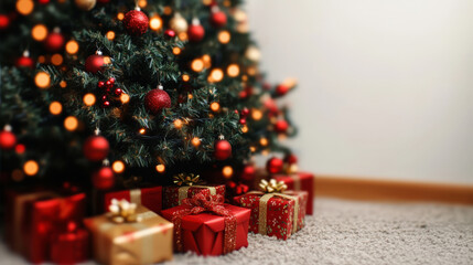 A Christmas tree placed indoors, adorned with colorful lights and balls, and gift boxes on the ground