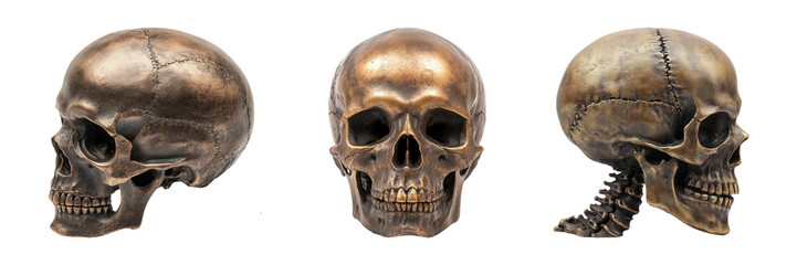Obraz premium Realistic Bronze Skull Display from Multiple Angles
