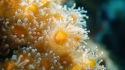 Golden Sea Anemones Underwater Cluster Displaying Tentacles