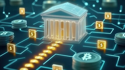 Mindful Financial Planning Concept. Digital bank with cryptocurrency symbols and coins interconnected visually