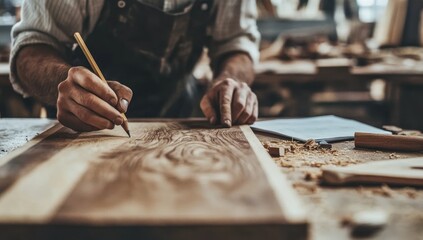 Carpenter Marking Wood with Pencil