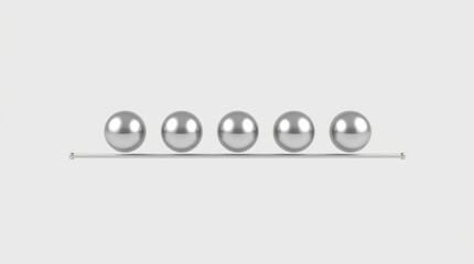 This minimalist image features five perfectly aligned metallic spheres resting on a thin rod against a clean, white background. The spheres are evenly spaced, creating a sense of balance and symmetry.