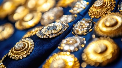 Close-Up of Intricate Gold Jewelry Designs Featuring Detailed Patterns and Shimmering Texture on a Deep Blue Velvet Background
