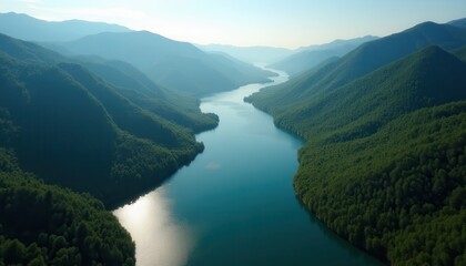 Serene River Through Lush Green Mountains Aerial View
