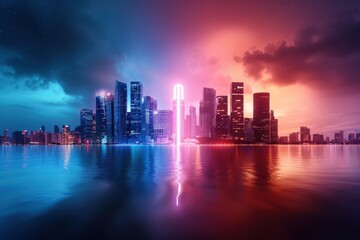 Obraz premium A vibrant city skyline at dusk, illuminated by colorful lights reflecting on the water, creating a dramatic and modern urban atmosphere.
