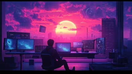Digital Artist Studio at Dusk with Neon Colors and Futuristic Aesthetic