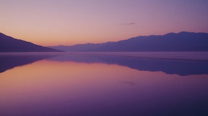 Fototapeta premium Serene Twilight Over Tranquil Waters Reflecting Mountains in Elegant Hues of Purple and Pink with a Soft Horizon at Dusk