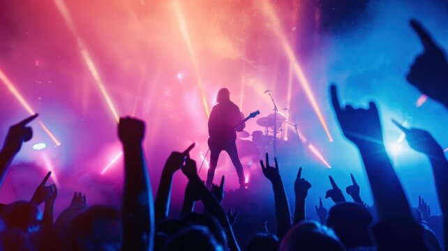 A dynamic concert scene with a silhouetted guitarist, vibrant lights, and a cheering crowd, capturing the energy of live music.