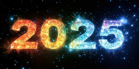Vibrant New Year 2025 Celebration with Glowing Numbers in Space Theme Perfect for Festive Greeting Cards Posters Digital Art Projects Bright Colors and Dynamic Energy