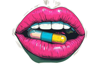 Playful Cartoon Lips Biting a Colorful Pill