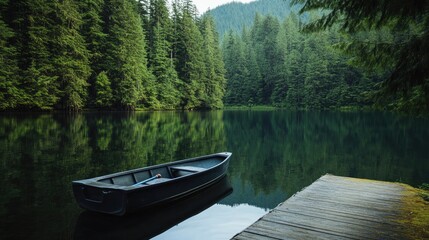 Obraz premium Serene Lake Scene with a Black Boat Resting on a Dock Surrounded by Lush Green Forest and Tranquil Water Reflections in a Peaceful Environment