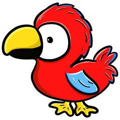 Red parrot cartoon isolated illustration, doodle colorful bird standing drawing