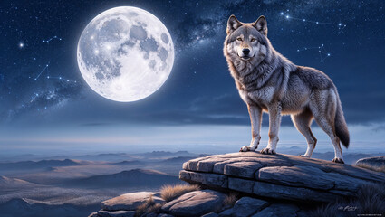 A majestic gray wolf stands atop a rocky outcropping, its piercing yellow eyes fixed intently on the full moon suspended in the vast, star-studded night sky
