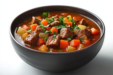 beef stew with vegetables in modern bowl on white background