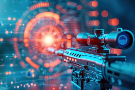 A futuristic rifle with a scope, set against a vibrant digital backdrop featuring glowing red and blue elements.