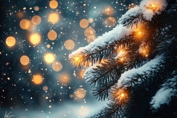 Serene Winter Wonderland Scene with Snowy Pine Branches Soft Bokeh Lights Golden Glow Cozy Atmosphere