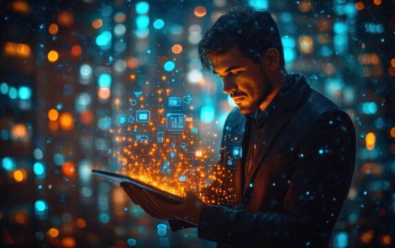 Businessman Displaying SaaS Icons for Cloud Software Services and Digital Solutions