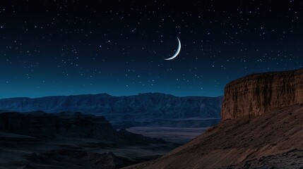 Naklejka premium Starry night sky over a desert mountain range with a crescent moon.
