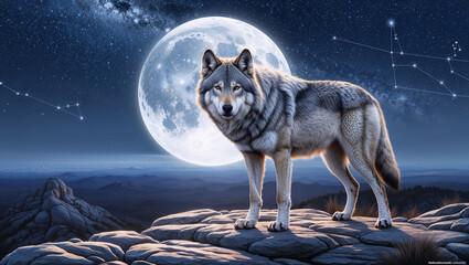 A majestic gray wolf stands atop a rocky outcropping, its piercing yellow eyes fixed intently on the full moon suspended in the vast, star-studded night sky