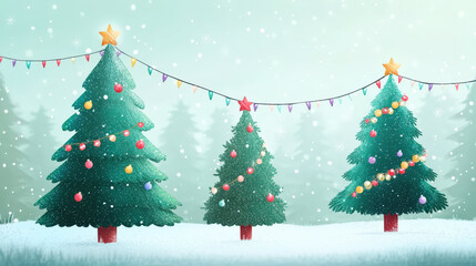 A Christmas tree on the snow, adorned with colorful lights and stars