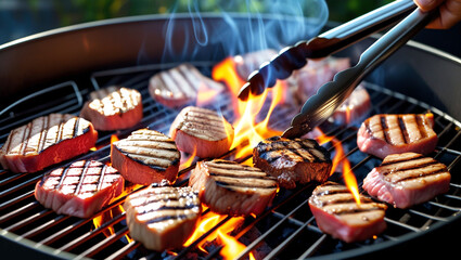 Grilling Perfection: Juicy Steaks on a Barbecue Grill. Ideal for use in food blogs, culinary websites, barbecue event promotions, or any content related to grilling and outdoor dining.