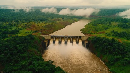 Aerial View of a Majestic Dam Surrounded by Lush Greenery and Misty Mountains, Showcasing the Harmony Between Nature and Infrastructure