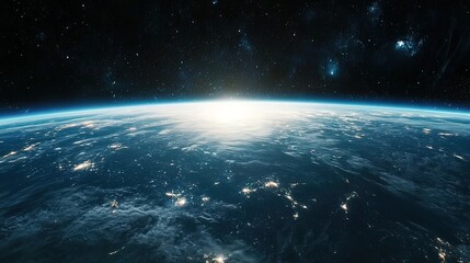 Fototapeta premium Stunning sunrise over Earth from space, showcasing the planet's curvature, atmosphere, and city lights.