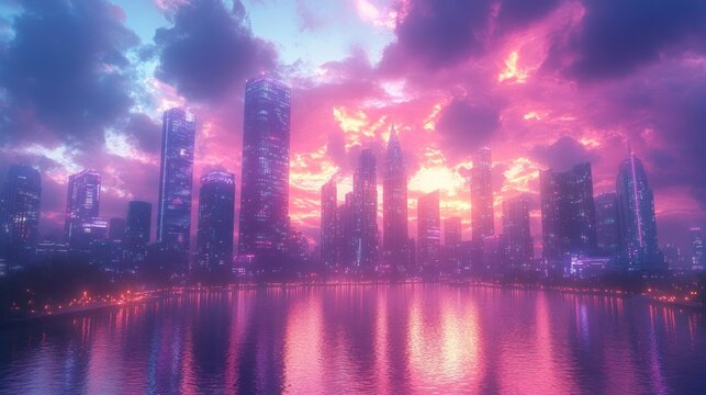 Futuristic Cyberpunk City Skyline at Dusk with Neon Lights and Reflections