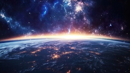 Stunning sunrise over Earth from space, showcasing city lights and cosmic nebula.