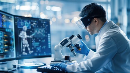A scientist examines a sample under a microscope, with digital displays of data and graphics in a modern laboratory setting.