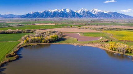 Obraz premium Breathtaking Aerial View of Scenic Mountain Range with Verdant Fields, Lush Landscape, and Tranquil Lake Under Clear Blue Sky in Springtime