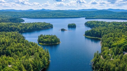 Fototapeta premium Scenic Aerial View of Tranquil Lake Surrounded by Lush Green Forests and Rolling Hills Under a Bright Blue Sky with Fluffy White Clouds in Summer