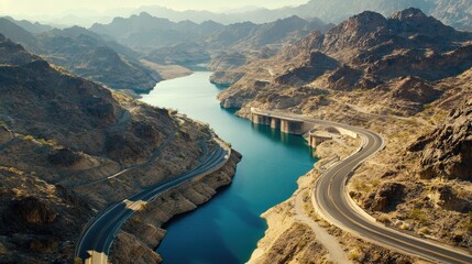 Fototapeta premium Serene Aerial View of Winding River Surrounded by Rocky Mountains in a Desert Landscape Under a Clear Blue Sky