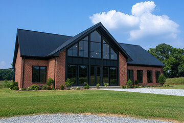 Obraz premium A modern farmhouse-style home with large black windows, a red brick exterior, and a long driveway in front of it on the right side of the house. The roof is dark gray shingle. A green, grassy yard.