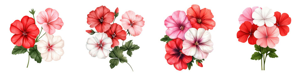 Beautiful clusters of red and pink geranium flowers in various arrangements, isolated on transparent background.