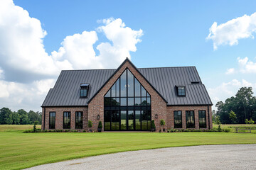 Obraz premium A large, modern farmhouse-style building with black windows and dark red brick walls stands on the right side of an open field under a blue sky with white clouds. The house has two wings.