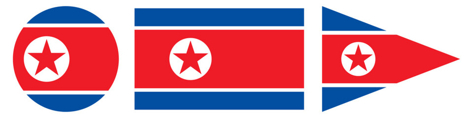 Set of North Korea flag icons in different shapes – circular, rectangular, and triangular pennant style, with red, blue, and white colors and the central red star emblem © MJ iceberg