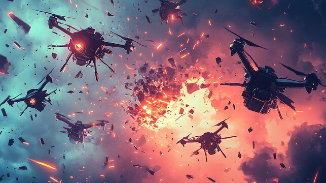 Futuristic drones clashing amidst fiery debris and explosions in a dramatic aerial battle.