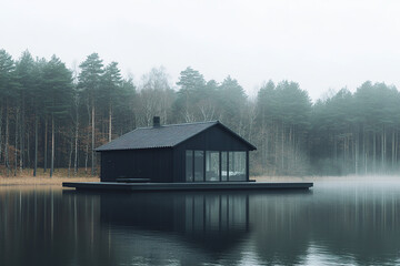 A black cabin on the water, surrounded by trees and a misty lake, with a modern architectural style, minimalism, calmness, simplicity, glass windows, and wooden planks floating in front of it.