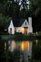 Fototapeta premium A small white house with a black roof and dark windows, situated near the water's edge of an elegant pond at night. The scene is illuminated by warm, yellow lights from inside the home.